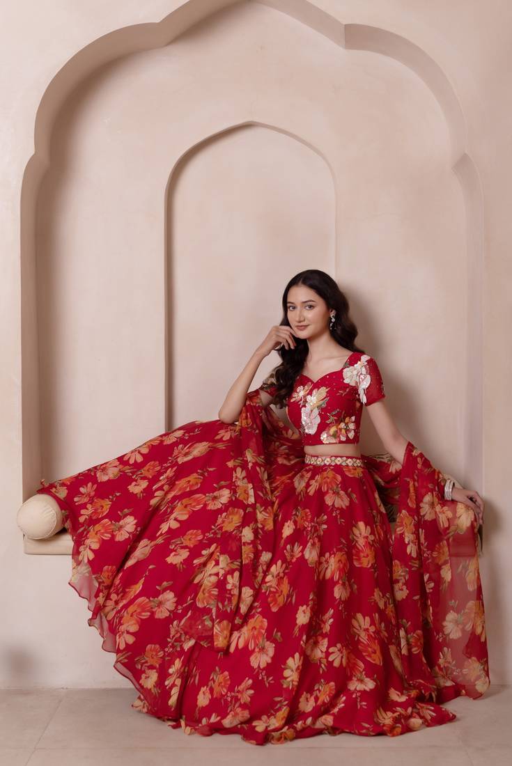 Red Floral Chiffon Handwork Lehenga Set