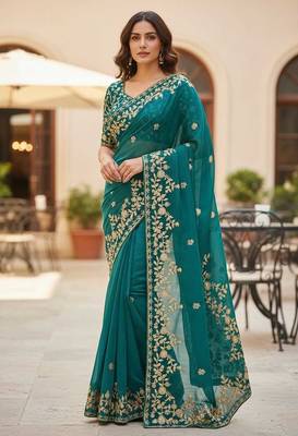 Turquoise color sequnce with zari Thread work with piping border chiffon Saree 1