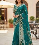 Turquoise color sequnce with zari Thread work with piping border chiffon Saree