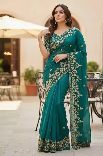 Turquoise color sequnce with zari Thread work with piping border chiffon Saree