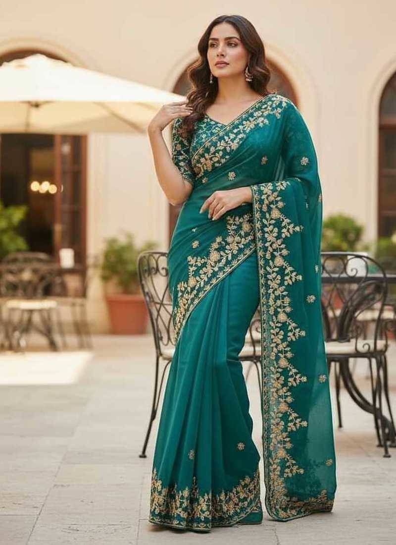 Turquoise color sequnce with zari Thread work with piping border chiffon Saree