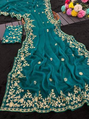 Turquoise color sequnce with zari Thread work with piping border chiffon Saree 3