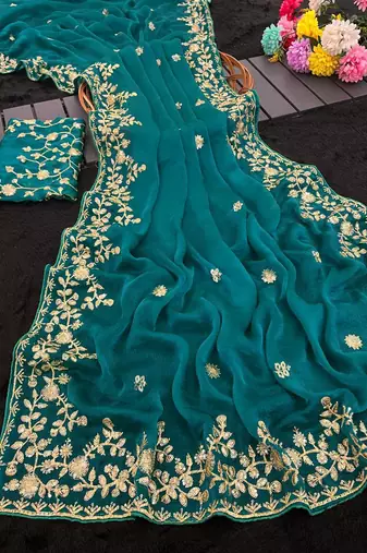 Turquoise color sequnce with zari Thread work with piping border chiffon Saree