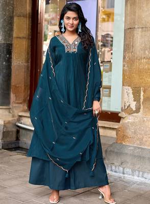 Women Ethnic Motifs Embroidered Regular Thread Work Chanderi Cotton Kurta with Palazzos & With Dupatta 1