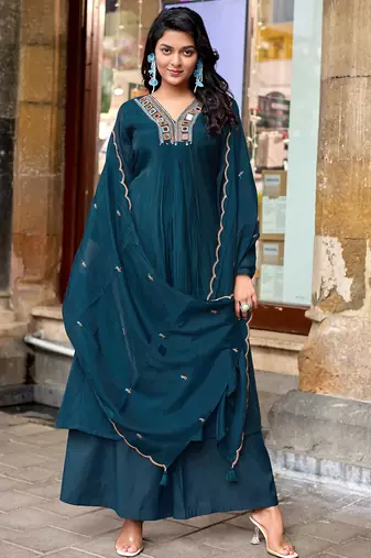 Women Ethnic Motifs Embroidered Regular Thread Work Chanderi Cotton Kurta with Palazzos & With Dupatta