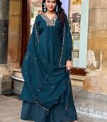 Women Ethnic Motifs Embroidered Regular Thread Work Chanderi Cotton Kurta with Palazzos & With Dupatta