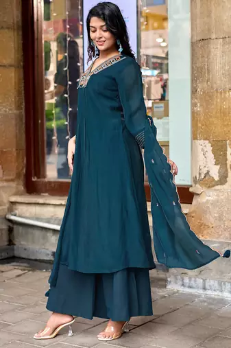 Women Ethnic Motifs Embroidered Regular Thread Work Chanderi Cotton Kurta with Palazzos & With Dupatta