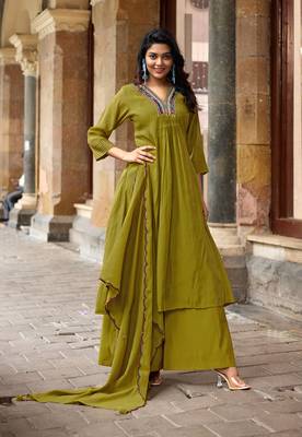 Women Ethnic Motifs Embroidered Regular Thread Work Chanderi Cotton Kurta with Palazzos & With Dupatta 1
