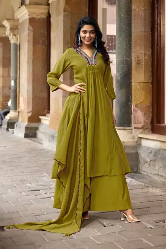Women Ethnic Motifs Embroidered Regular Thread Work Chanderi Cotton Kurta with Palazzos & With Dupatta