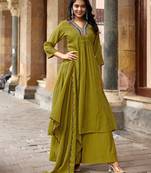 Women Ethnic Motifs Embroidered Regular Thread Work Chanderi Cotton Kurta with Palazzos & With Dupatta