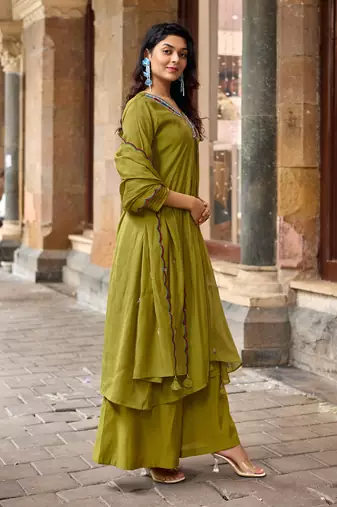 Women Ethnic Motifs Embroidered Regular Thread Work Chanderi Cotton Kurta with Palazzos & With Dupatta