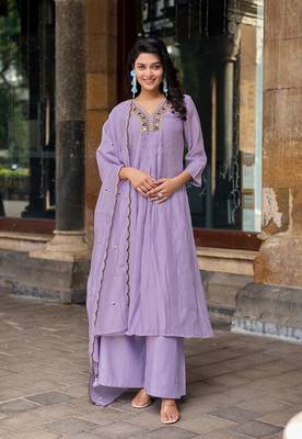 Women Ethnic Motifs Embroidered Regular Thread Work Chanderi Cotton Kurta with Palazzos & With Dupatta 1