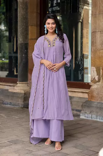 Women Ethnic Motifs Embroidered Regular Thread Work Chanderi Cotton Kurta with Palazzos & With Dupatta