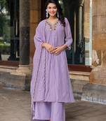 Women Ethnic Motifs Embroidered Regular Thread Work Chanderi Cotton Kurta with Palazzos & With Dupatta