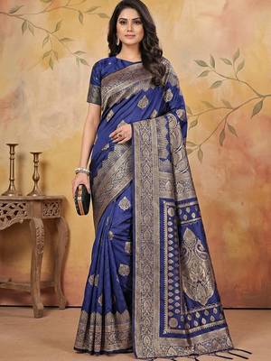 Navy blue elegant silk blend soft fabric saree for women  lightweight saree 1