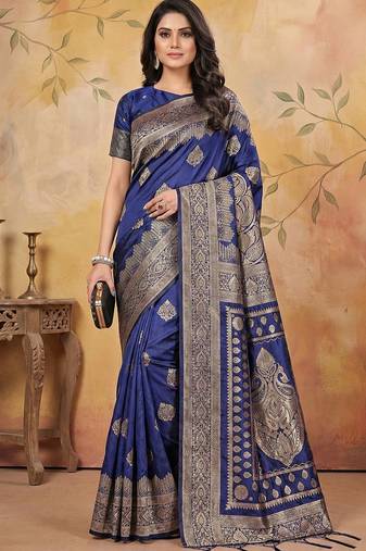 Navy blue elegant silk blend soft fabric saree for women – lightweight traditional saree
