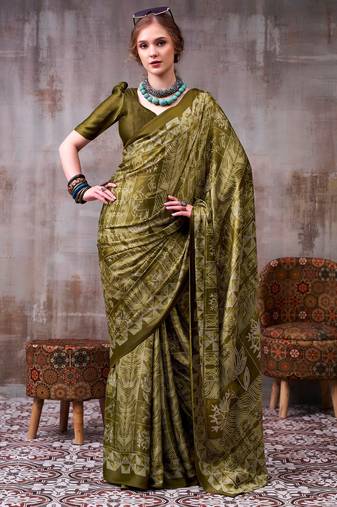 Mehendi elegant floral & geometric printed satin silk saree with matching blouse