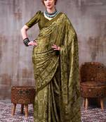 Mehendi elegant floral & geometric printed satin silk saree with matching blouse