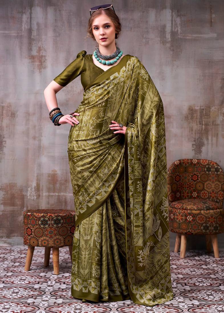 Mehendi elegant floral & geometric printed satin silk saree with matching blouse