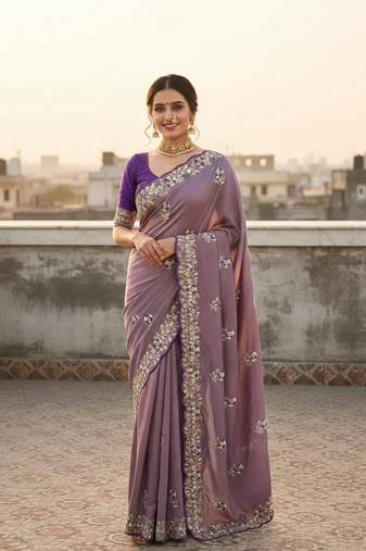 Lavender color amazing Sequences  Thread Embroidery Work Vichitra Silk Saree