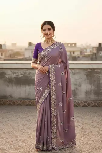 Lavender color amazing Sequences  Thread Embroidery Work Vichitra Silk Saree