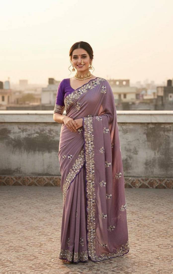 Lavender color amazing Sequences  Thread Embroidery Work Vichitra Silk Saree