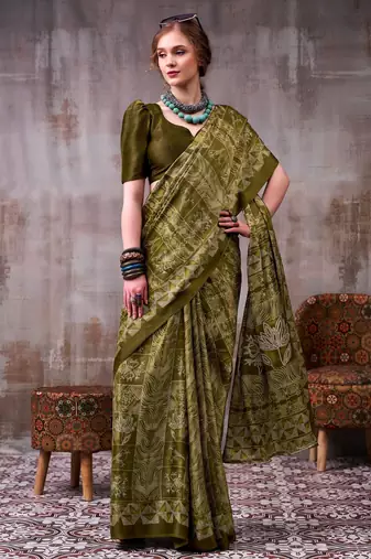Mehendi elegant floral & geometric printed satin silk blend saree with matching blouse