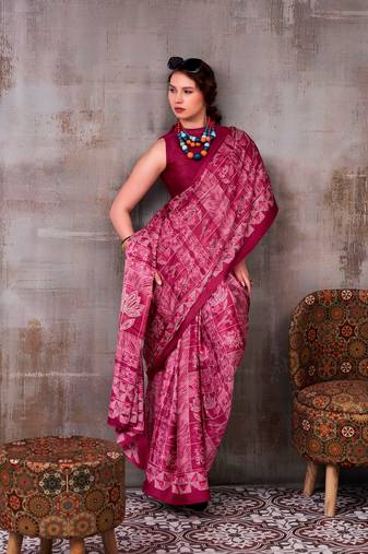 Rani pink elegant floral & geometric printed satin silk saree with matching blouse