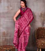 Rani pink elegant floral & geometric printed satin silk saree with matching blouse