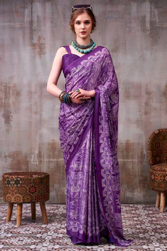 Lavender elegant floral & geometric printed satin silk saree with matching blouse