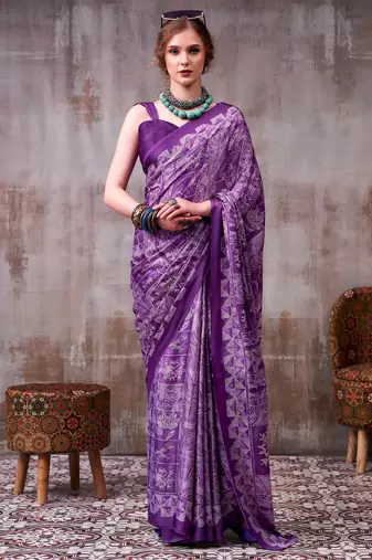 Lavender elegant floral & geometric printed satin silk saree with matching blouse