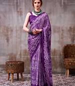 Lavender elegant floral & geometric printed satin silk saree with matching blouse