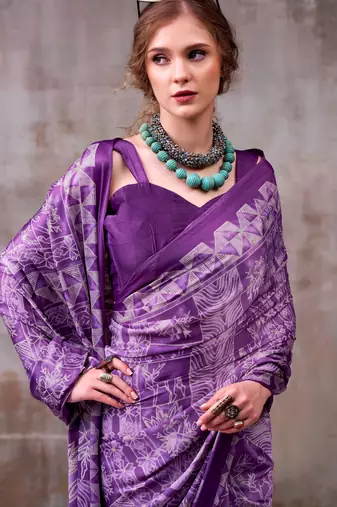 Lavender elegant floral & geometric printed satin silk blend saree with matching blouse