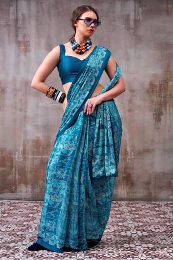 Sky blue elegant floral & geometric printed satin silk saree with matching blouse