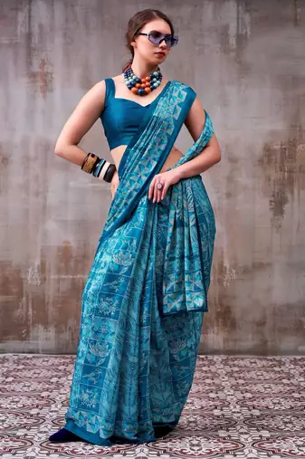 Sky blue elegant floral & geometric printed satin silk saree with matching blouse