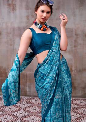 Sky blue elegant floral & geometric printed satin silk blend saree with matching blouse 2