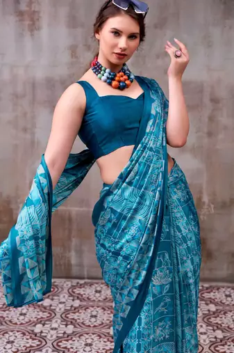 Sky blue elegant floral & geometric printed satin silk blend saree with matching blouse