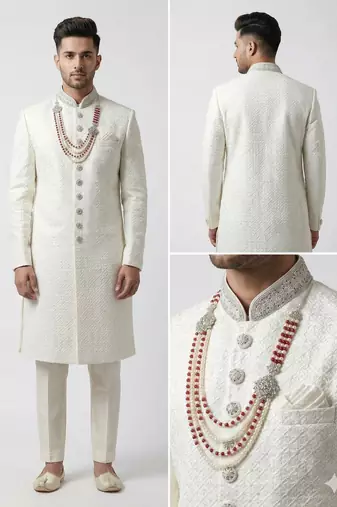 Pristine white handcrafted intricate thread work raw silk wedding sherwani with embellished mandarin collar