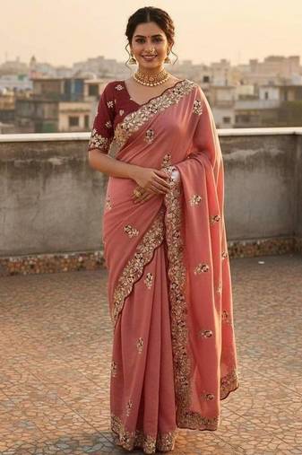 Pink color amazing Sequences  Thread Embroidery Work Vichitra Silk Saree