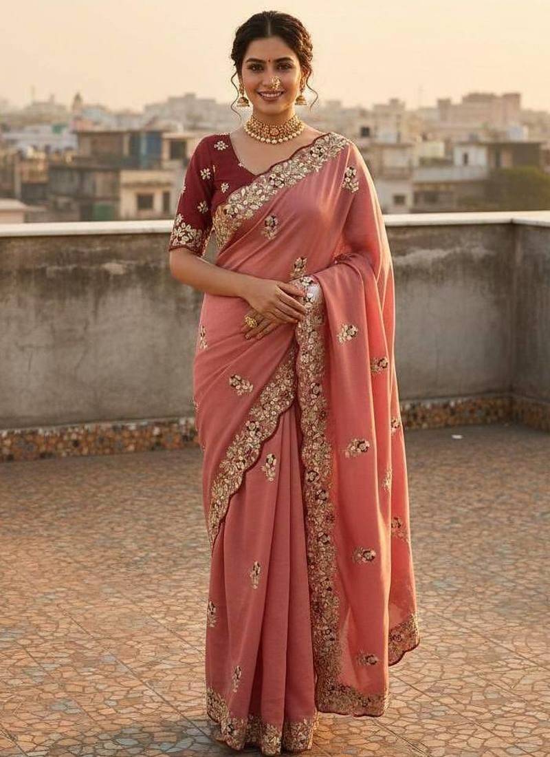 Pink color amazing Sequences  Thread Embroidery Work Vichitra Silk Saree