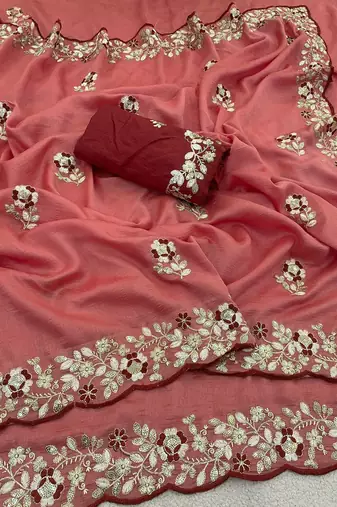 Pink color amazing Sequences  Thread Embroidery Work Vichitra art silk saree