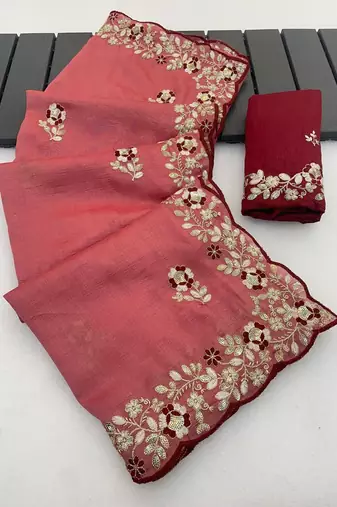 Pink color amazing Sequences  Thread Embroidery Work Vichitra art silk saree