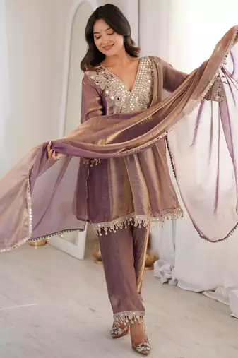 Stunning Purple Coding Work Silk Eid Special Pant Suit With Dupatta