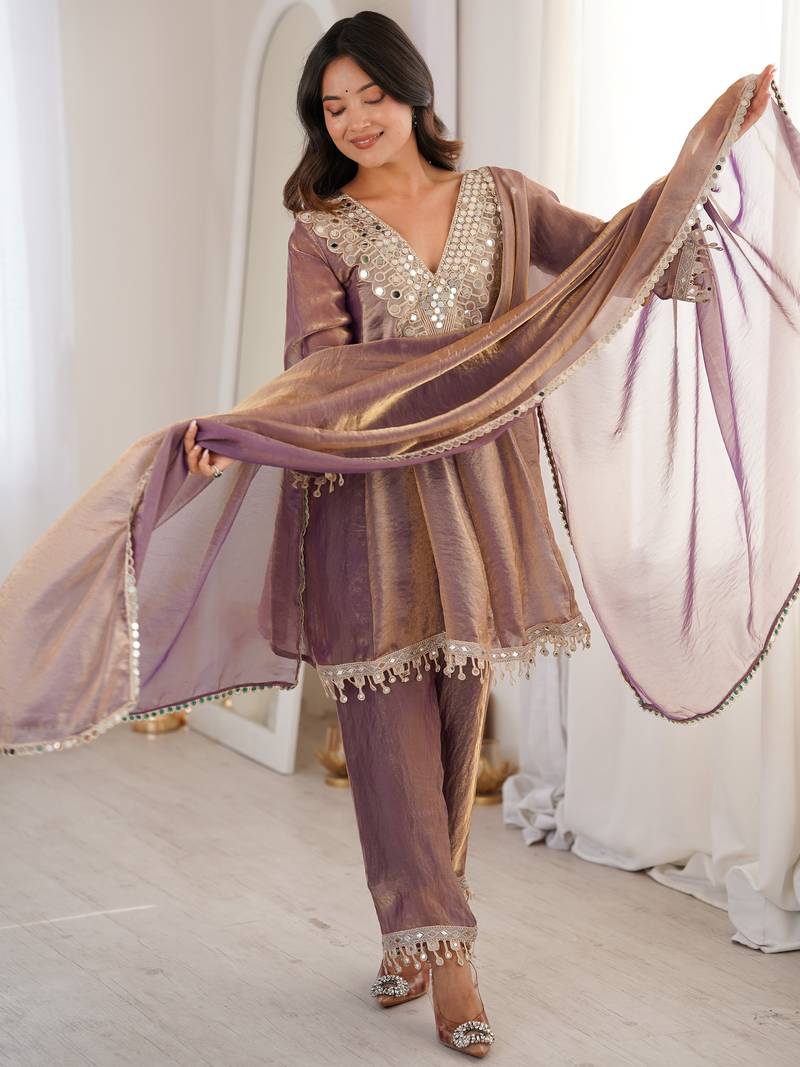 Stunning Purple Coding Work Silk Eid Special Pant Suit With Dupatta