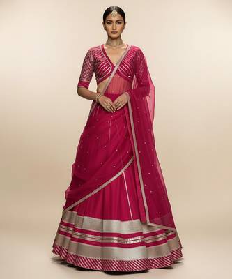 Magenta Pink Embroidered Crepe Lehenga Set 1