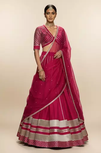 Magenta Pink Embroidered Crepe Lehenga Set