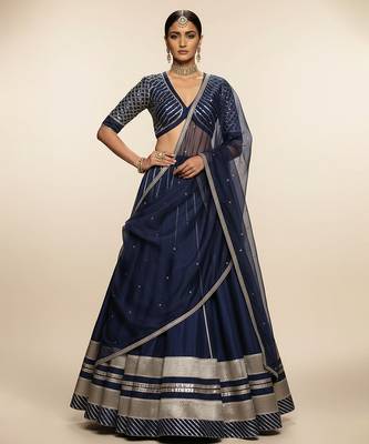 Navy Blue Embroidered Crepe Lehenga Set 1