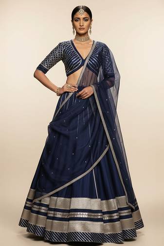 Navy Blue Embroidered Crepe Lehenga Set