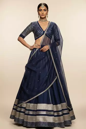 Navy Blue Embroidered Crepe Lehenga Set