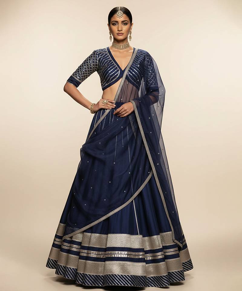 Navy Blue Embroidered Crepe Lehenga Set